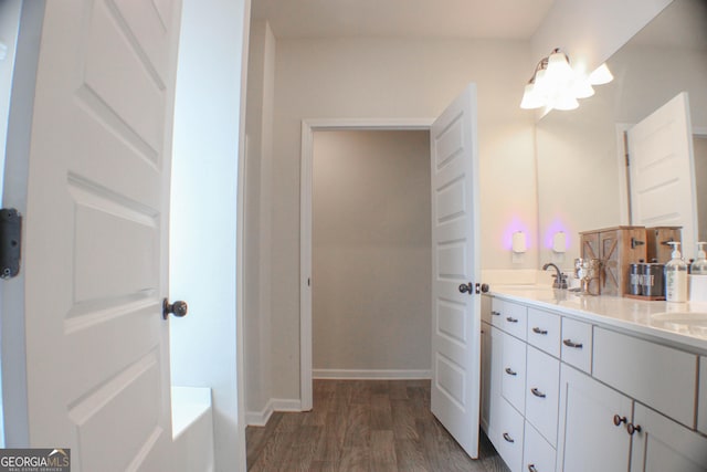 bathroom featuring wood finished floors, baseboards, double vanity, a tub, and a sink