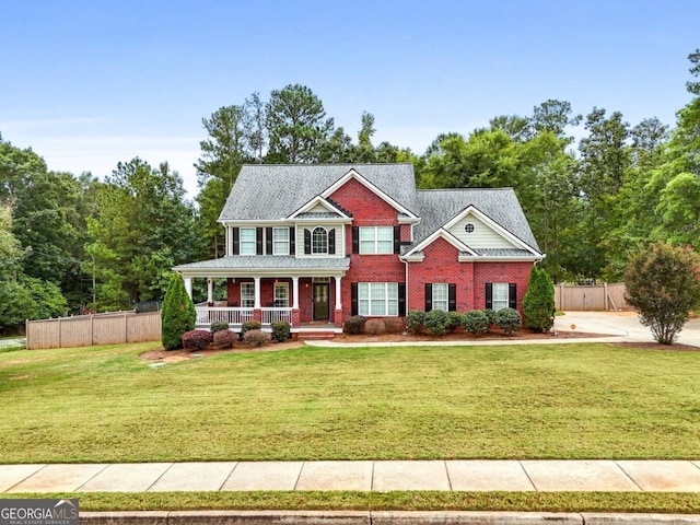 view of front of house featuring brick siding, a porch, fence, and a front yard