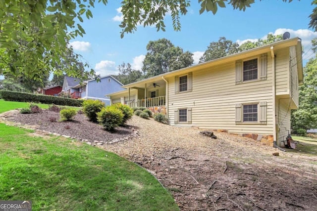 rear view of property with a yard and ceiling fan