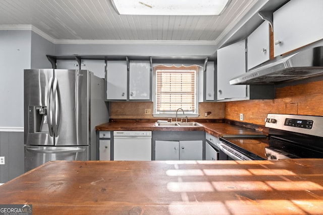 kitchen with tasteful backsplash, crown molding, under cabinet range hood, appliances with stainless steel finishes, and a sink