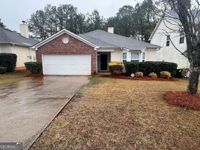 single story home featuring brick siding, driveway, a chimney, and a garage