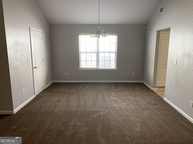 carpeted empty room featuring baseboards, visible vents, lofted ceiling, and an inviting chandelier