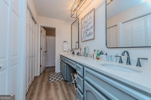 12701 Ga Highway 96 E, Fort Valley, GA 31030 - bathroom featuring double vanity, wood finished floors, a textured ceiling, and curtained shower