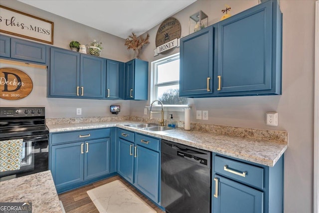 kitchen with dishwasher, blue cabinetry, black electric range, and a sink