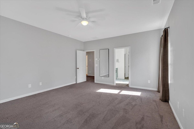 unfurnished bedroom with baseboards, ceiling fan, and carpet flooring