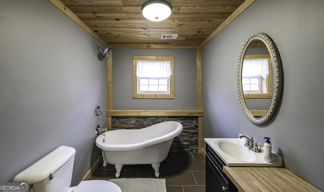 full bathroom with a wealth of natural light, visible vents, wooden ceiling, and a freestanding bath