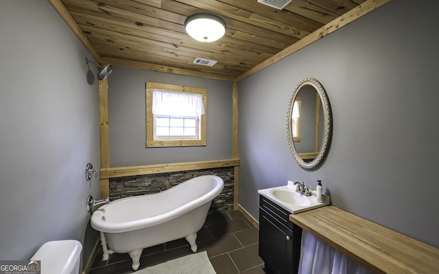 bathroom featuring tile patterned flooring, visible vents, wooden ceiling, a soaking tub, and vanity