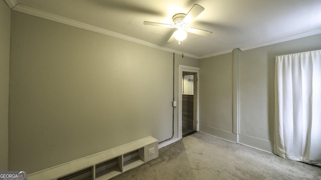 interior space with ceiling fan, carpet, and ornamental molding