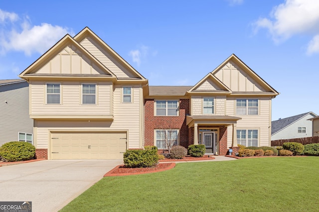 craftsman inspired home with brick siding, board and batten siding, fence, concrete driveway, and a front yard