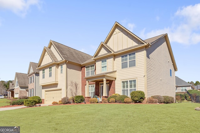 craftsman-style house with brick siding, board and batten siding, an attached garage, and a front lawn