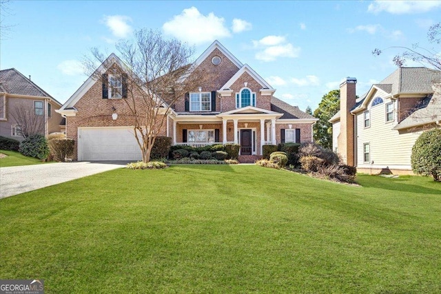 view of front of home featuring brick siding, concrete driveway, and a front yard