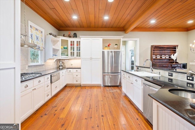 kitchen with open shelves, a sink, appliances with stainless steel finishes, wooden ceiling, and decorative backsplash