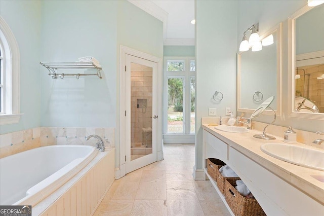 bathroom with double vanity, a bath, a stall shower, and a sink