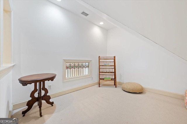 sitting room featuring recessed lighting, visible vents, baseboards, and carpet flooring