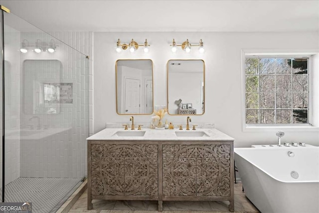bathroom featuring a sink, a freestanding tub, double vanity, and a shower stall