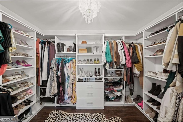 walk in closet with an inviting chandelier and wood finished floors