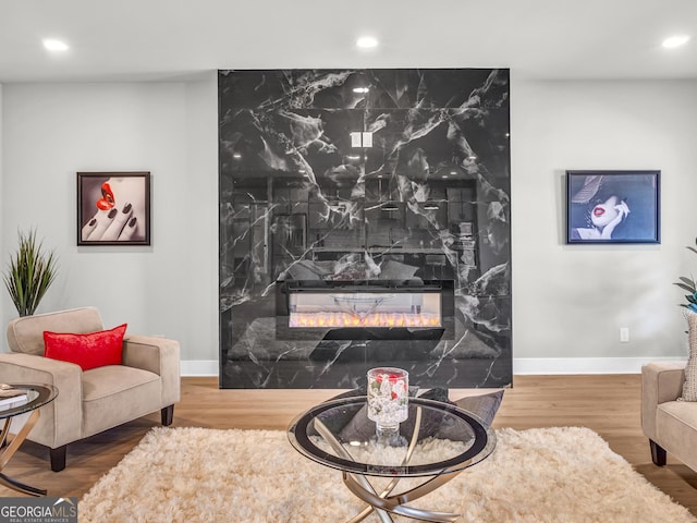 living area with recessed lighting, baseboards, wood finished floors, and a high end fireplace