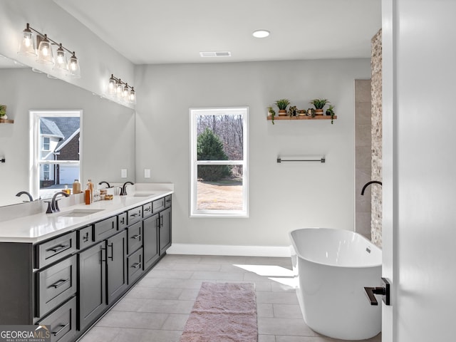 bathroom featuring a sink, baseboards, a soaking tub, and double vanity