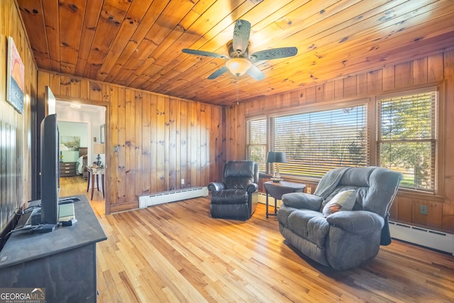 living area with a wealth of natural light, wooden ceiling, a baseboard heating unit, and wood finished floors