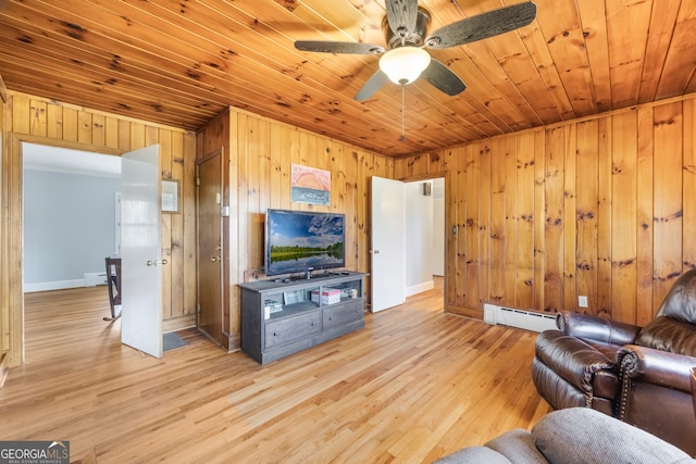 living room featuring ceiling fan, baseboard heating, light wood-style flooring, and wooden ceiling