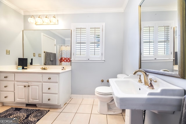 full bath with tile patterned floors, toilet, and ornamental molding