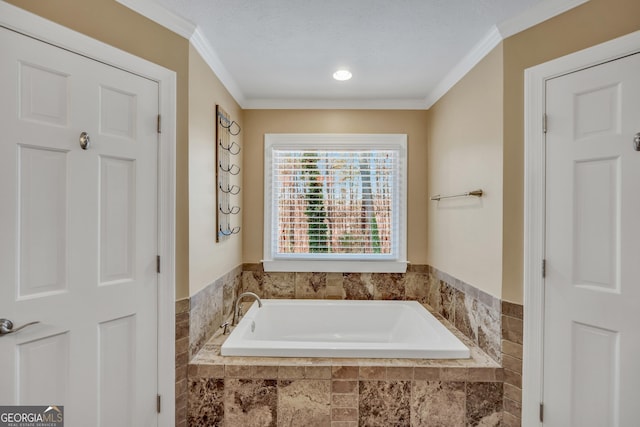 full bath featuring a bath and crown molding