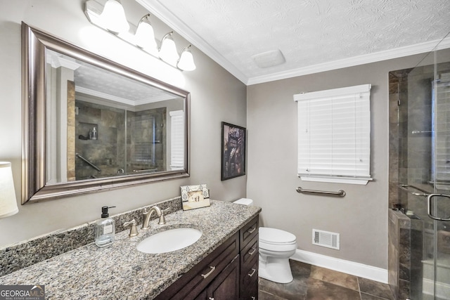 bathroom featuring visible vents, toilet, ornamental molding, a shower stall, and vanity