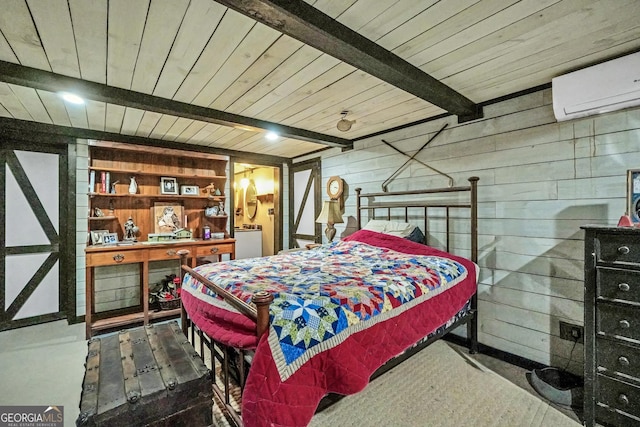 bedroom featuring a wall mounted air conditioner, beamed ceiling, wood walls, and wooden ceiling