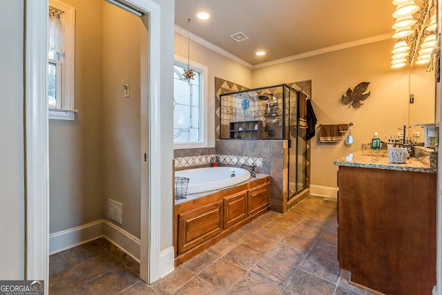 bathroom featuring visible vents, a bath, a shower stall, and ornamental molding