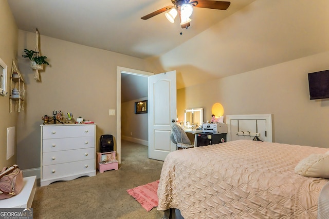 bedroom with baseboards, lofted ceiling, ceiling fan, and carpet flooring