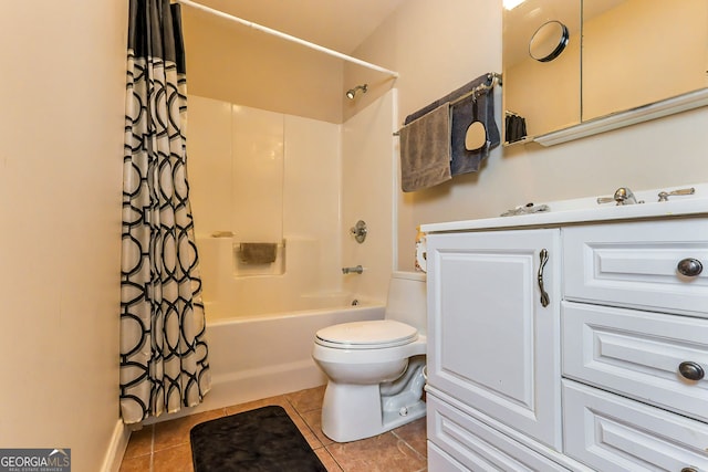 bathroom featuring tile patterned flooring, toilet, vanity, and shower / tub combo with curtain