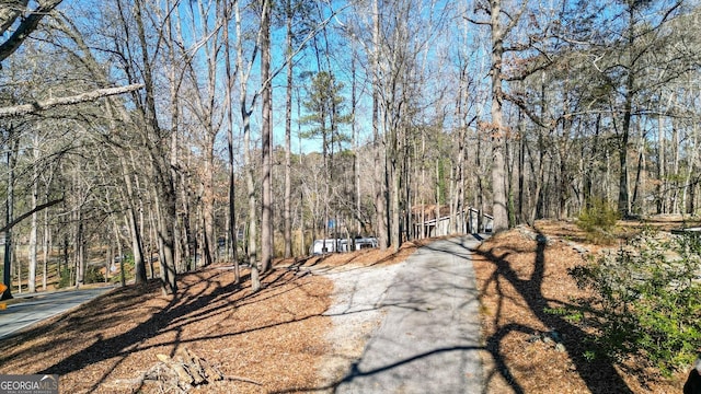 view of road with a wooded view