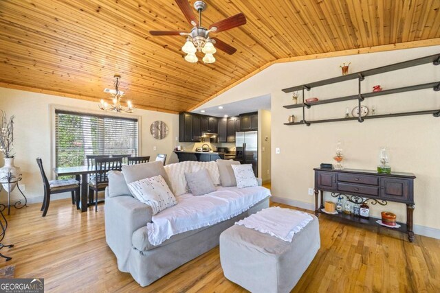 living room with lofted ceiling, wooden ceiling, and light wood finished floors