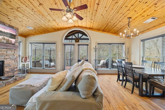 living room with light wood-type flooring, visible vents, a stone fireplace, wooden ceiling, and lofted ceiling