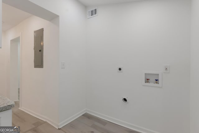 laundry room with electric dryer hookup, visible vents, electric panel, hookup for a washing machine, and laundry area