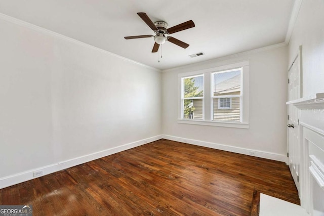 unfurnished living room with visible vents, crown molding, baseboards, dark wood-type flooring, and a ceiling fan