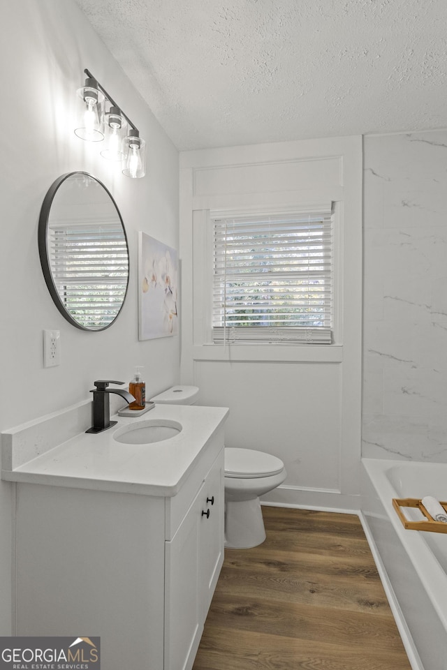 bathroom with toilet, wood finished floors, vanity, and a textured ceiling