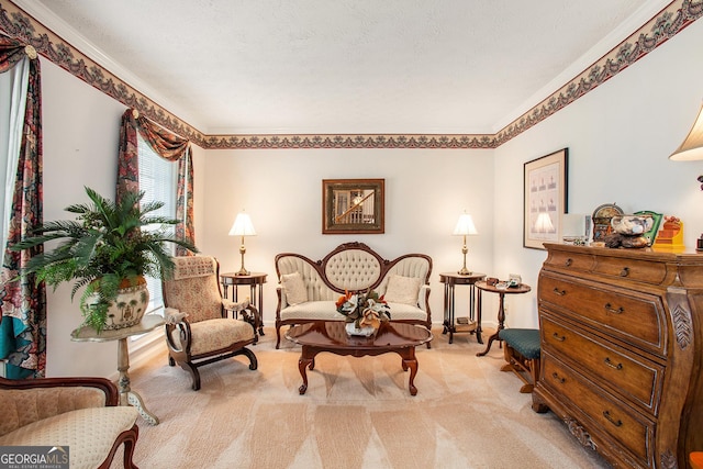 sitting room featuring baseboards and light carpet