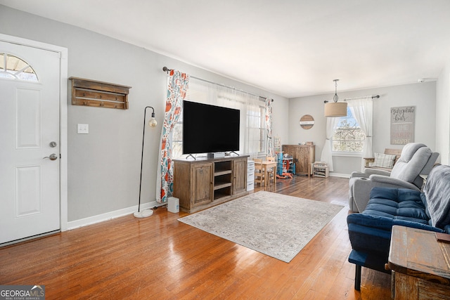 living area with baseboards and wood finished floors