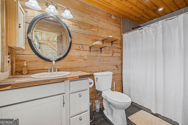 bathroom featuring wooden walls, toilet, wood ceiling, a shower with shower curtain, and vanity