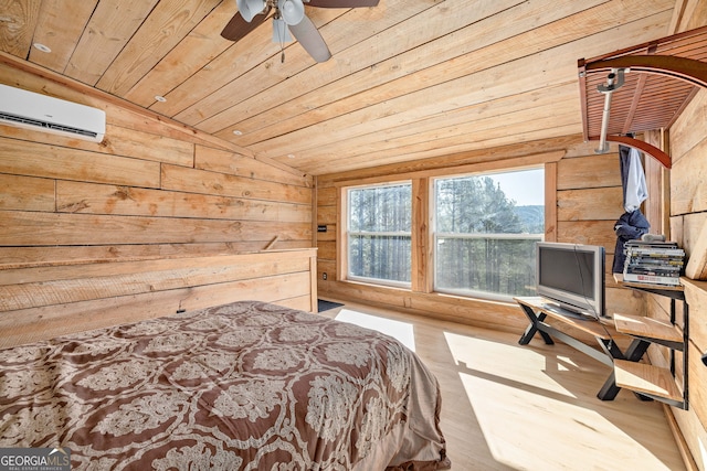 bedroom with wooden walls, an AC wall unit, lofted ceiling, wooden ceiling, and wood finished floors