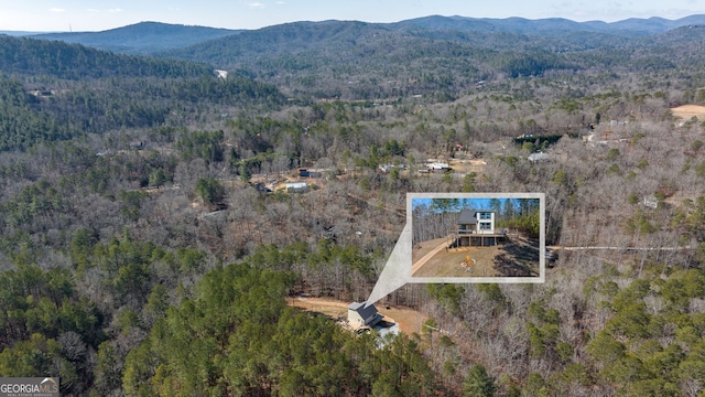 aerial view with a mountain view and a view of trees