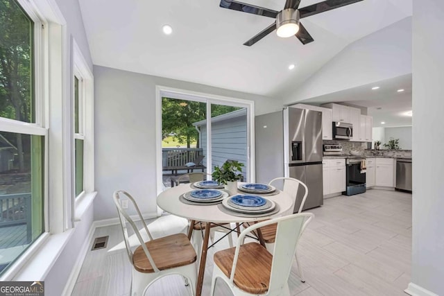 192 Hoke St, Maysville, GA 30558 - dining room with recessed lighting, a ceiling fan, visible vents, and vaulted ceiling