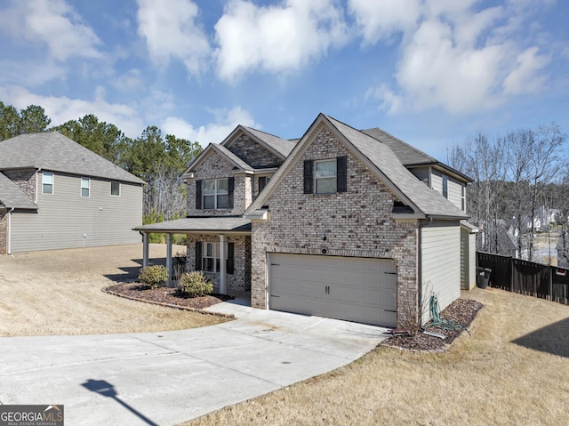 view of front of house featuring fence, driveway, a porch, an attached garage, and brick siding