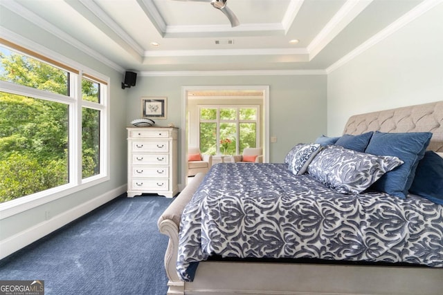 carpeted bedroom with visible vents, crown molding, a raised ceiling, and baseboards