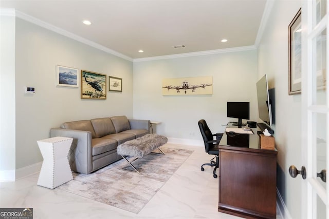 office space featuring recessed lighting, marble finish floor, and ornamental molding