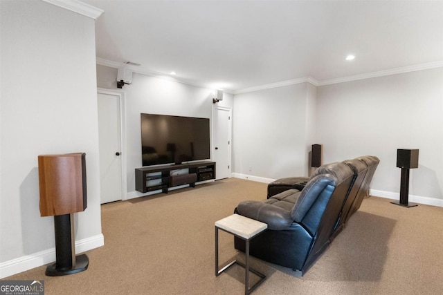 carpeted living area featuring recessed lighting, baseboards, and ornamental molding