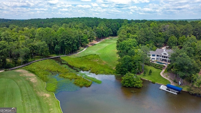 birds eye view of property with a forest view and a water view