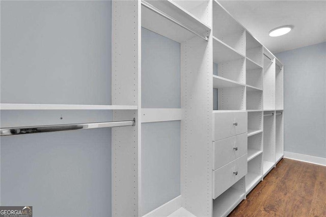 walk in closet with dark wood-type flooring