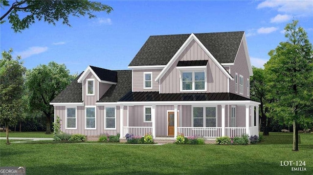 view of front of property with a standing seam roof, covered porch, a shingled roof, a front lawn, and board and batten siding